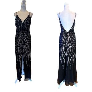 Sean Collection Black Silver Sequin Maxi Dress Open Back Chiffon Womens Large